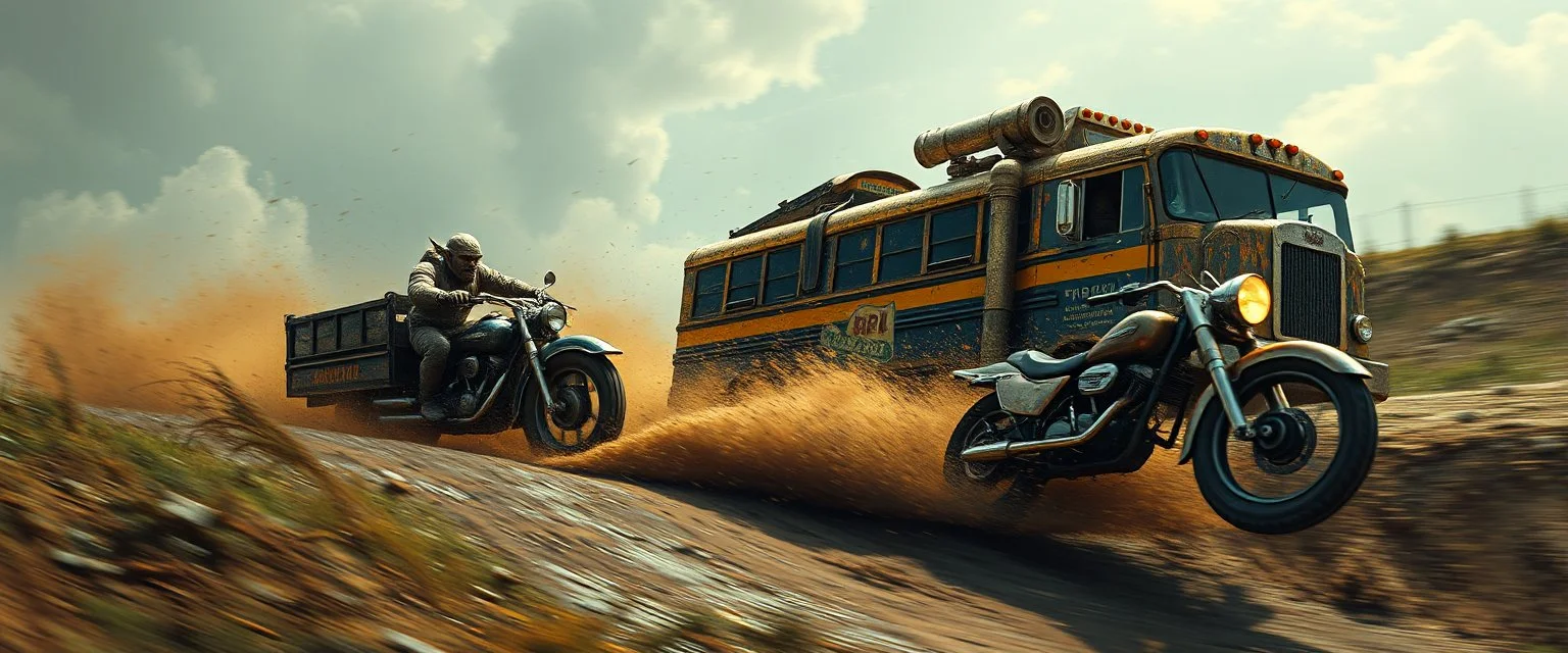 mega blasting fast, so freaking fast, faster than a greased muscle shiny cowboy disco funk fusion fluffy man gremlin monkey pig on a runaway mud black veteran buss truck jumping over the cliff . speed and energy, painted by Rembrandt and fallout 4, straight down a muddy slide, beside an orc motorcyclist