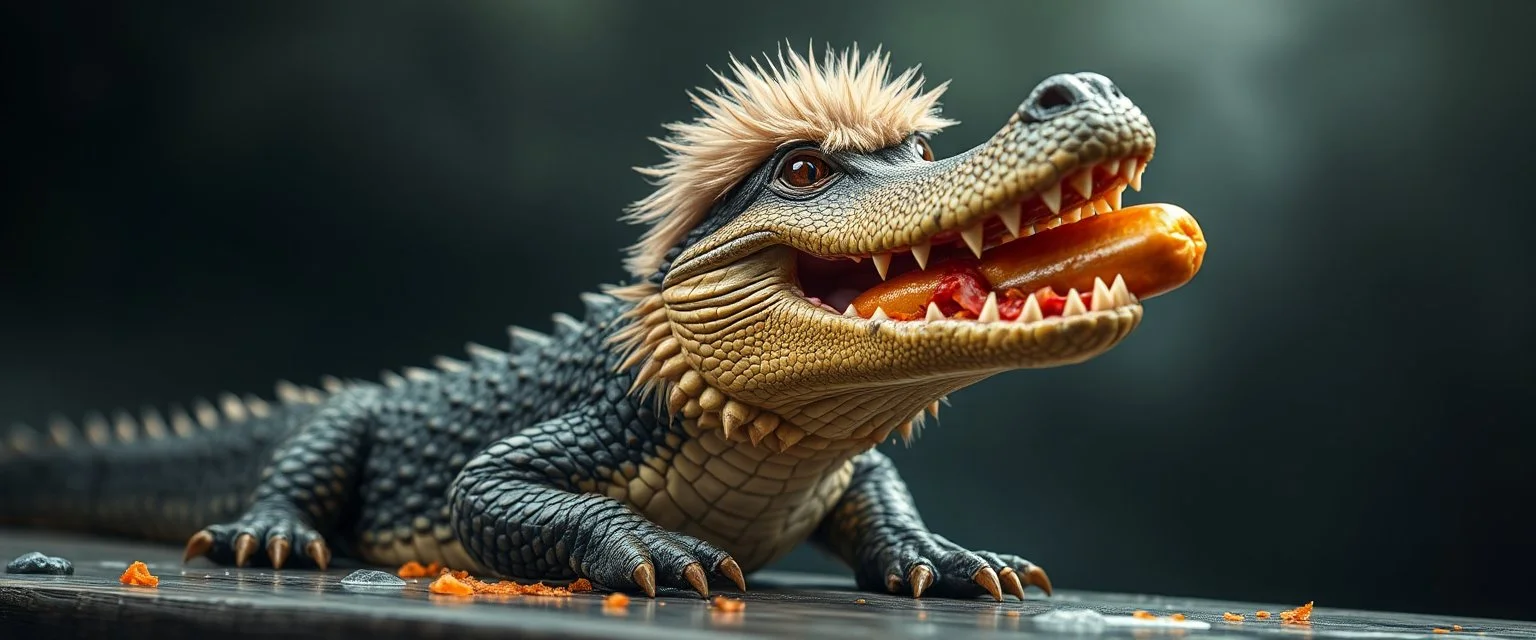 crocodile dog with fluffy hair, doing dog things and eating hot dogs