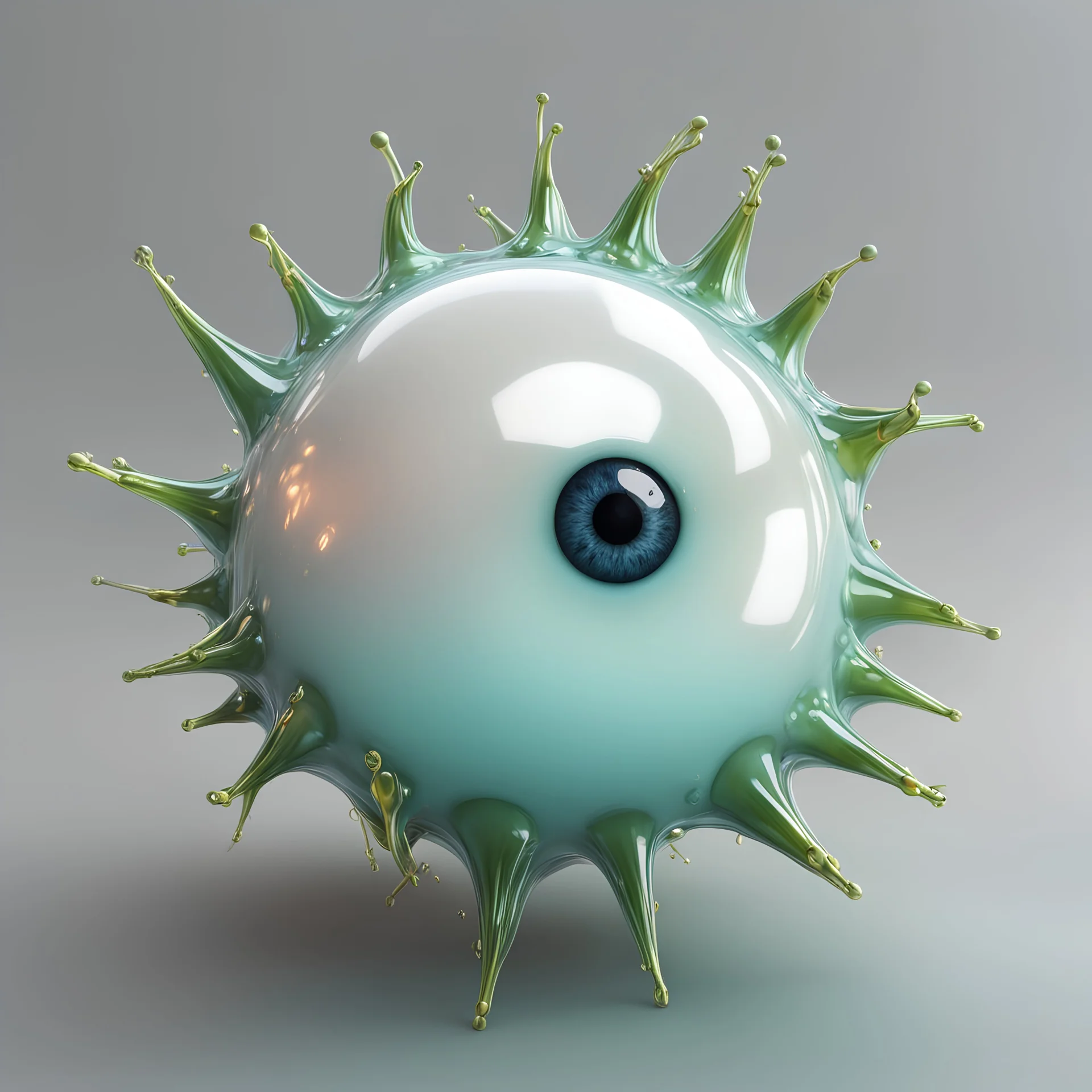 eyeball, biological organic, liquid thorns, glossy, transparent, web, foam, smooth, jelly, slime body, fluid, sticky, glossy melting, dew, glowing, shine, alien life-forms, polaroid style, Cinema 4D, octane render, white background