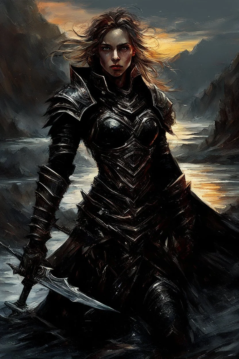 A formidable warrior girl in black armor, on the background Amazing gloomy landscape, flooded with sunset, mountains, trees, fabulous scary hero, , juicy emotions, painting, dark fantasy, bad weather, gloomy day, dark world, by Raymond Swanland & Alyssa Monks & Anna Razumovskaya