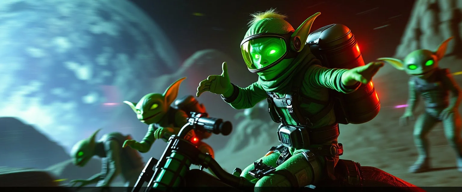 A space elf cowboy biker astronaut with rocket backpack named Dave started doing the splits, Blew a fuse in his hips and short-circuited his bits, The Martian fluffy gremlins went wild, the Plutonians dogs screamed, Even black-and-white aliens turned ultraviolet green! in the style of fallout 4 and HR Giger, background motion blur , and volume fog spot lights