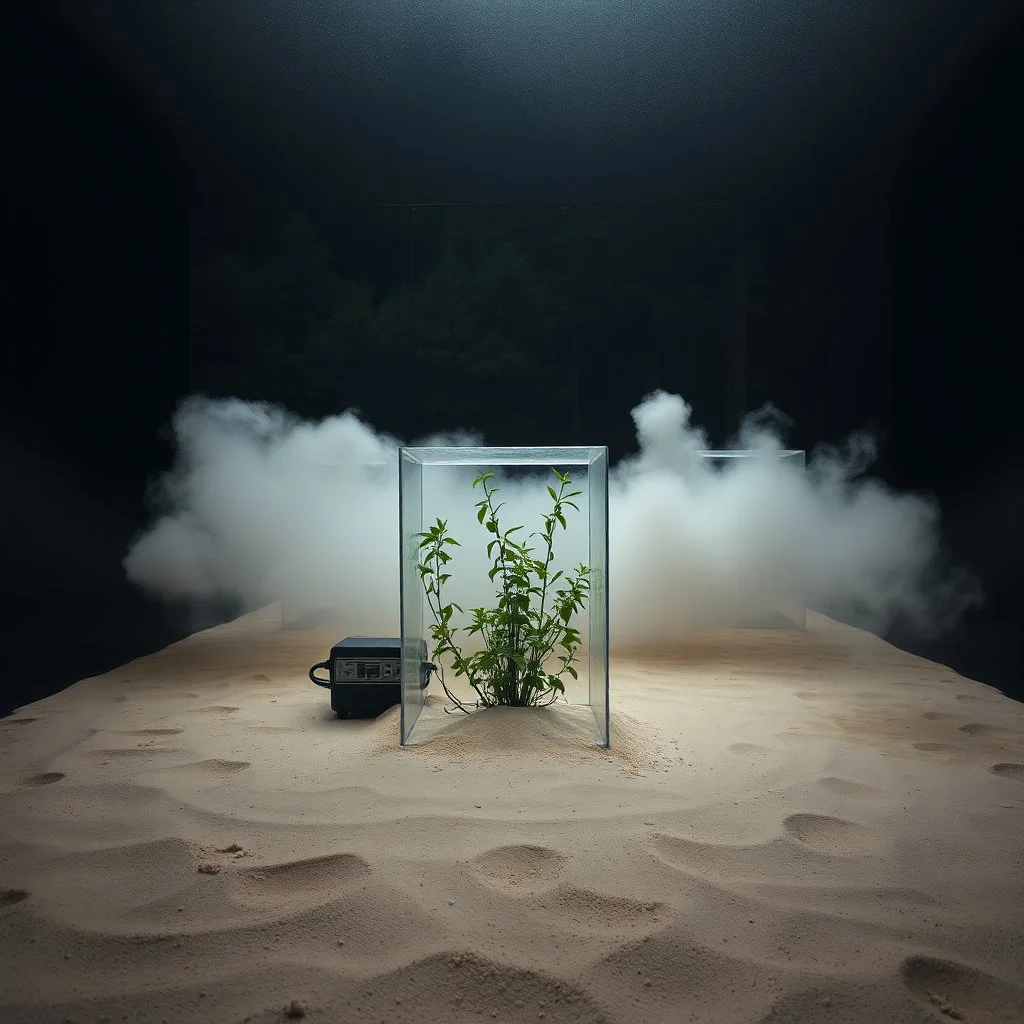 A photo of a closed environment in a dark closed space. In the background there is a forest. At the center, a structure made of plastic. Some electronical devices. Plants, clouds. The surface below appears to be sandy, with small accumulations of sand. Fog, powder. In the background, other forms or structures are visible, some of which are thin and transparent. The photo was taken with a Hasselblad H6D 400c camera.