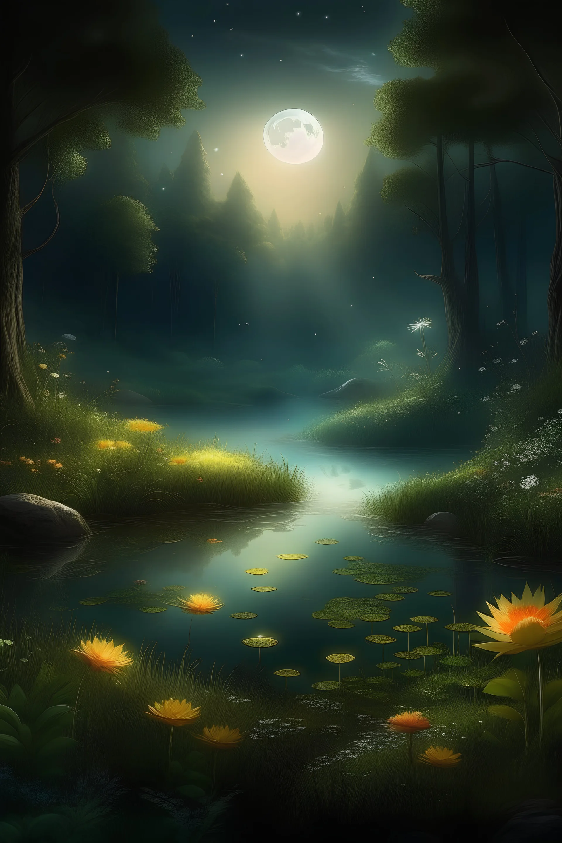 A mystical forest clearing, where ethereal beams of moonlight illuminate a tranquil pond surrounded by healing herbs like aloe vera, calendula, and sage.