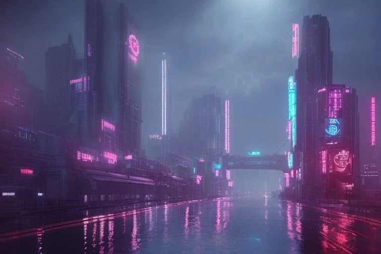 3D, beautiful, light reflecting, empty future city skyline at night, rainy night, neon, cyberpunk, tron, one cyborg walking, 8k, finely detailed, photo realistic