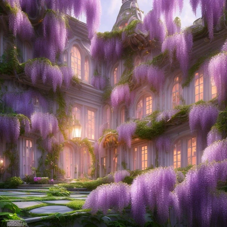 a magical flower wisteria house in the woods, pink vertical, sharp, vines, candlelit, endor, ornate, elegant, highly detailed, artstation, concept art, smooth, sharp focus, illustration, 8k, splash art, wallpaper, key visual