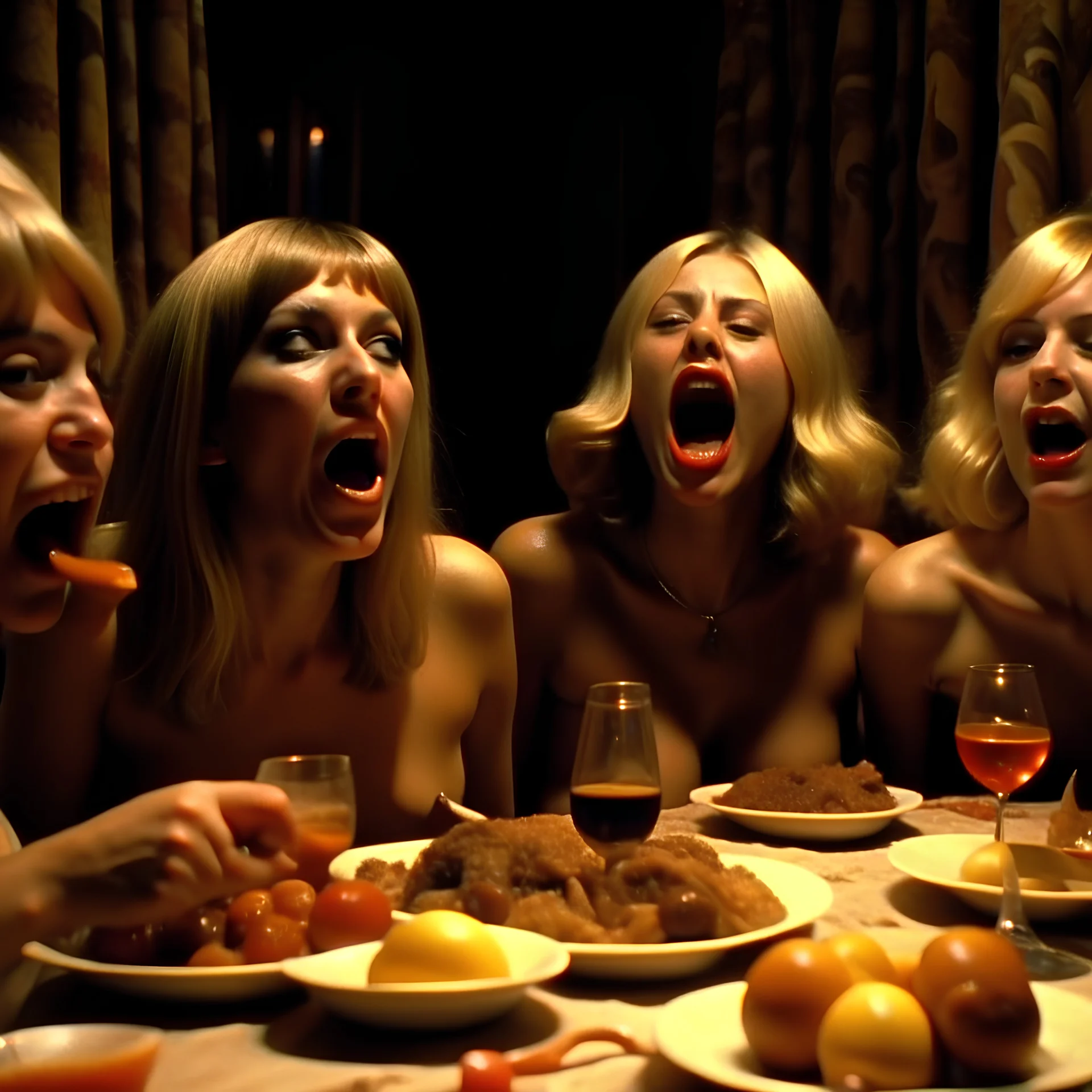 Horror movie shot, hot, ultra realistic, dine, tongues, ultra chaos, realistic hot blonde women, party, pieces of meat, tongue, organs, hot dynamic, very excited people, hypermaximalist figures, light, 1970's Italian horror movie, sinister,, Dario Argento, Stanley Kubrik, ornate, 4k, photorealism