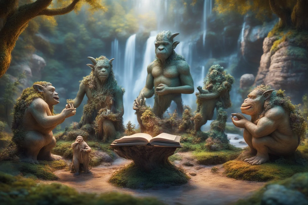 book cover oil painting of archeologists discovering woodland creatures in Rivendell worshipping big fat alien troll statues with many head and idols like from a myth or legend, on a strange planet with weird colors and waterfalls, bokeh like f/0.8, tilt-shift lens 8k, high detail, smooth render, down-light, unreal engine, prize winning