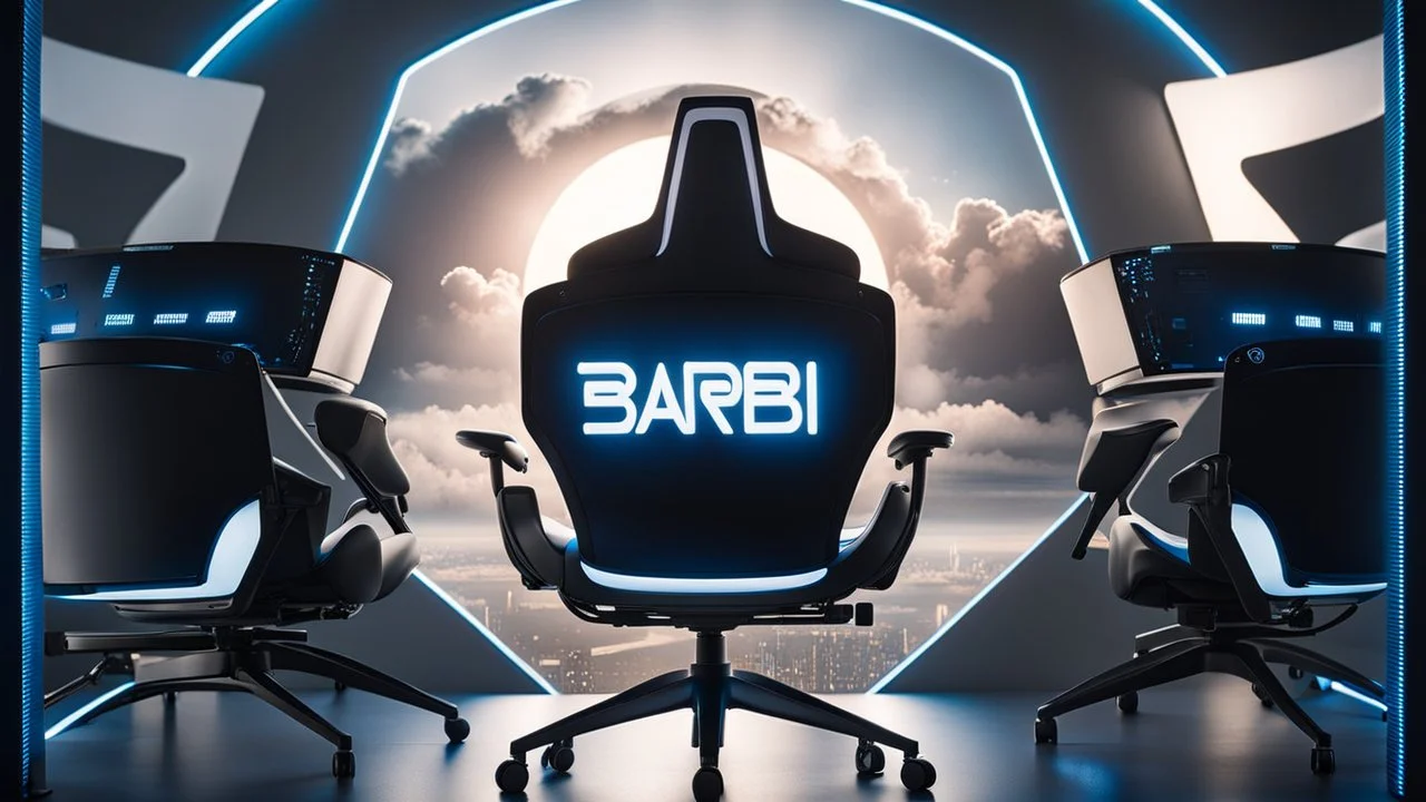 photo from a black producer chair siluette in a futuristic cybertech studio, around many monitors and circle windows to the sky, the inscription capture word text on the back of the chair "Barbi", Professional photography, bokeh, natural and blue-white lighting, perfect shot, sharp focus, professional photo