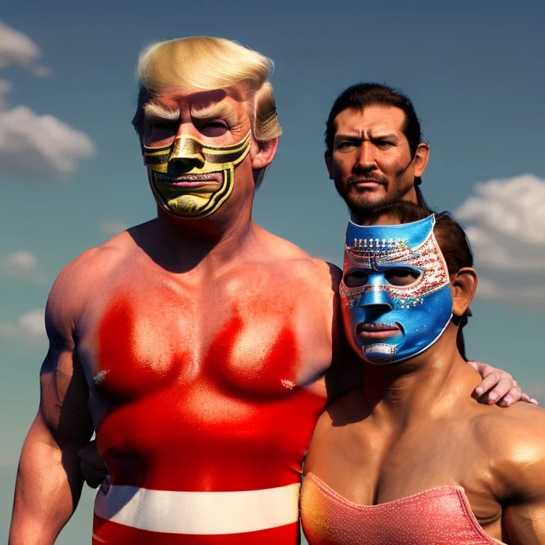 Realistic image of Donald trump wrestler, Mexican wrestling style, Mexican wrestling mask for eyes, red and blue breeches, glow us flag dress, suspenders, retro style, 80s, vibrant color, highly detailed, sky background, concept art, unreal engine 5, god rays, ray tracing, RTX, lumen lighting, ultra detail, volumetric lighting, 3d, finely drawn, high definition, high resolution.