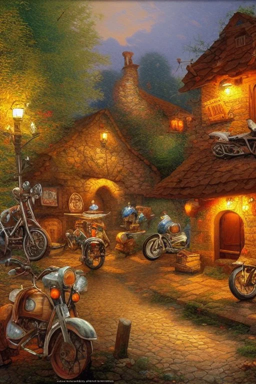 Small Medieval tavern for bikers in a forest, motorcycles parked infront highly detailed digital painting oil on canvas cinematic lighting sensuality beautiful wallpaper fantastic view crisp quality Jacek Yerka Thomas Kinkade Carl Barks