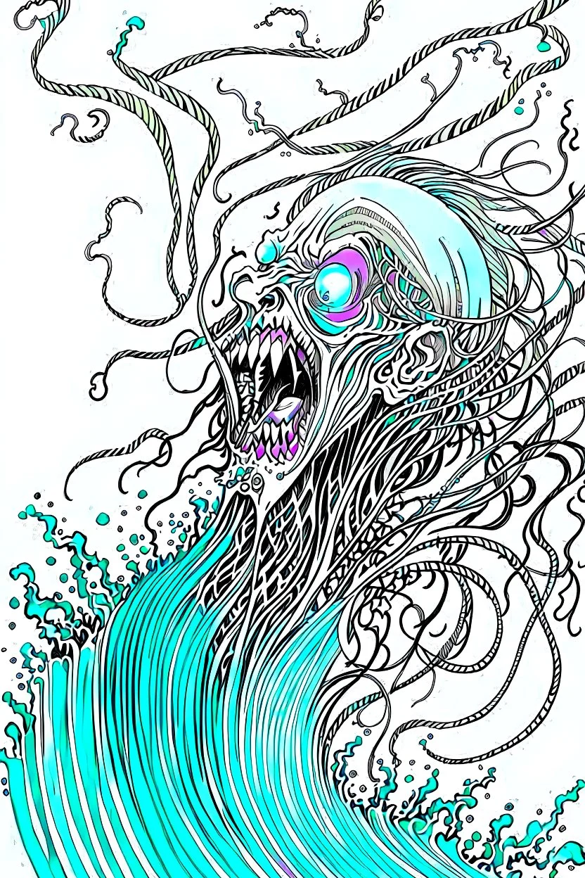 inked, shaded, and crosshatched colorless illustration of a malevolent shape shifting female Funayurei water ghost with highly detailed facial features and skin textures, in the style of Alex Pardee , Jean Giraud Moebius, and Katsushika Hokusai, highly detailed, boldly inked,