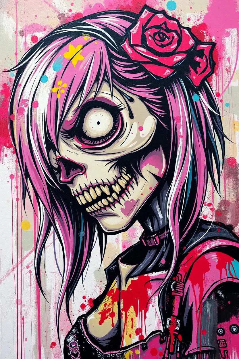 graffiti art of cartoon zombie girl , elaborate acrylic spray paint by Yoji shinkawa + nick Edwards style with bold brushstrokes, romantic, vibrant saturated natural color