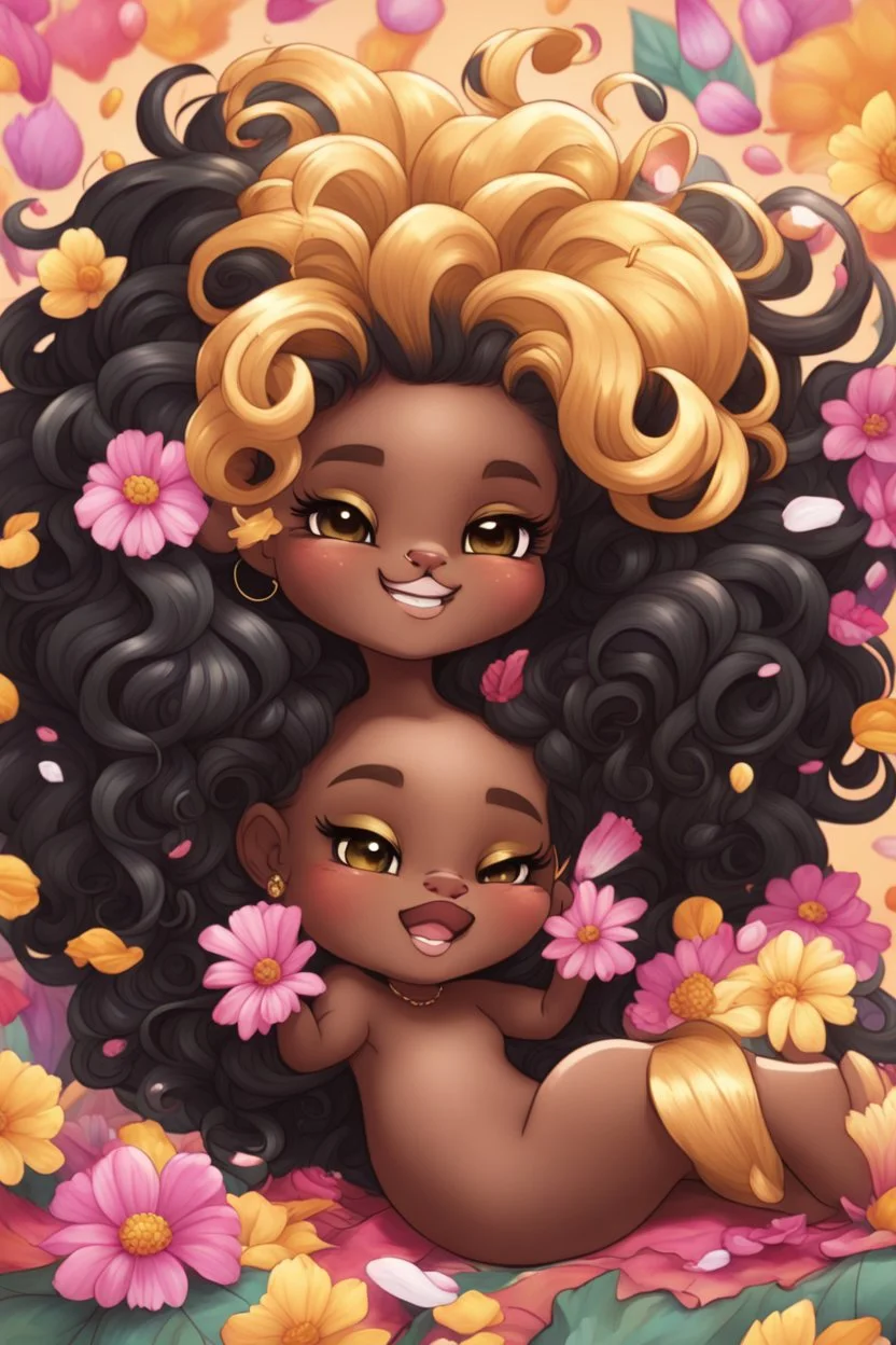 A sassy thick-lined airbrushed cartoon black chibi girl lounging lazily on her side, surrounded by flower petals. She has a golden lion tail curling playfully behind her curvy body. Looking up coyly, she grins widely, showing sharp lion teeth. Her poofy hair forms a mane framing her confident, regal expression.
