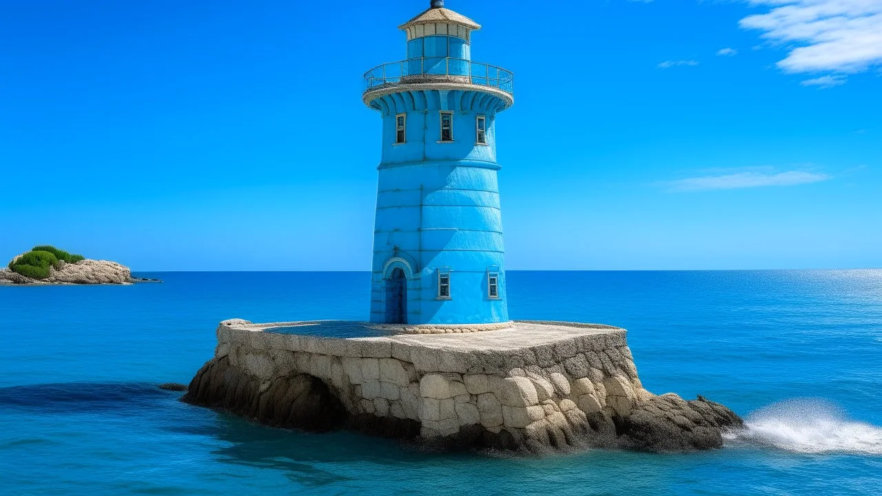 A light blue bay with a lighthouse designed in ancient Greek mosaics