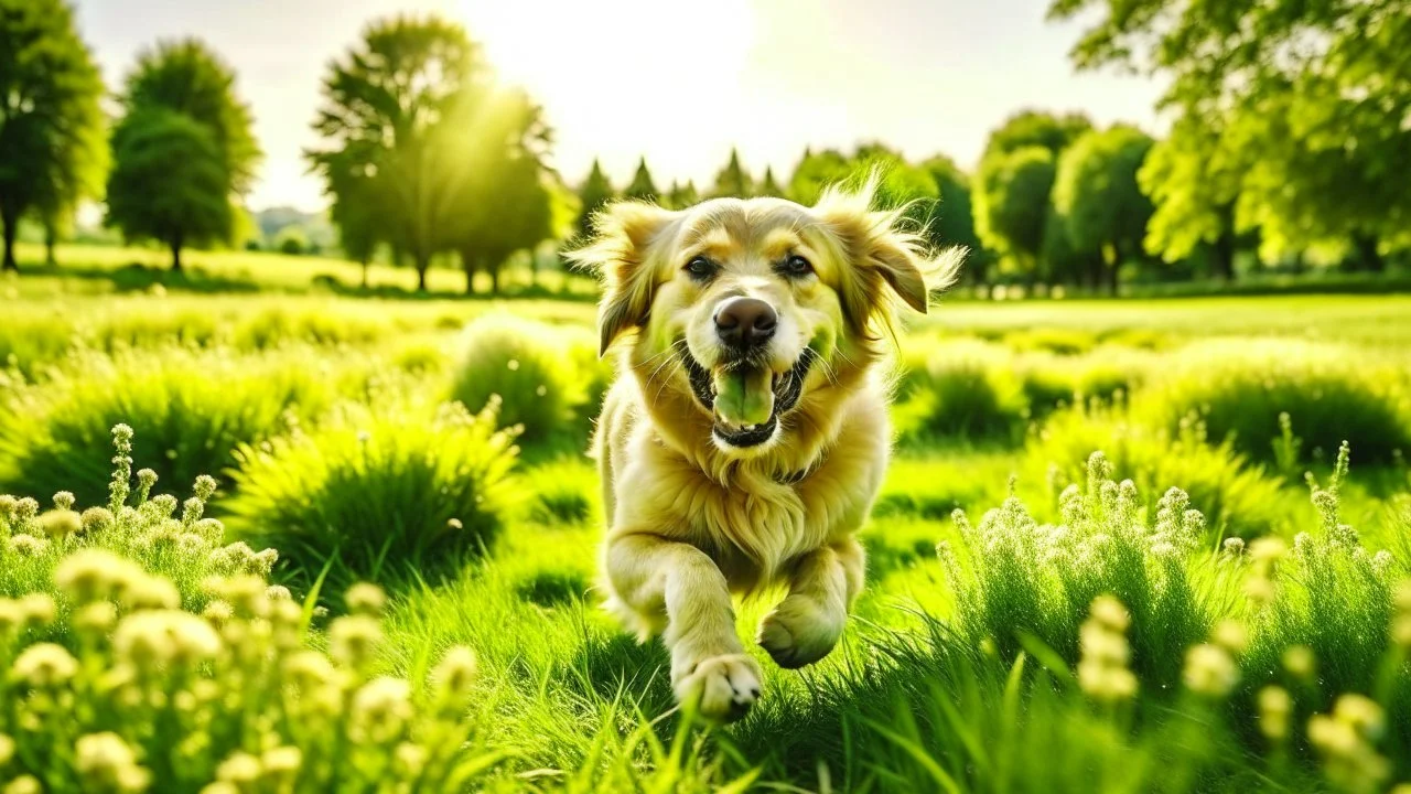 a joyful golden retriever running through a sunlit meadow, vibrant green grass, warm sunlight, dynamic action shot, happy and carefree, nature, energetic, high resolution, wide angle –upbeta