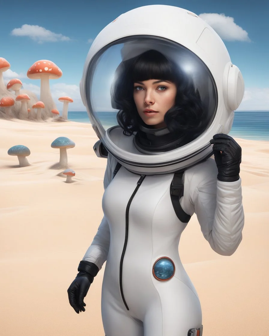 Photorealistic slim woman with black hair in a space suit, looking out over a sandy beach next to a sea, flying mushrooms with octopus tentacles