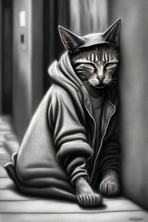 One single mature homeless cat with worn out clothes, sleeping in a corner on the street, Vienna, mourning, model style, hyper realistic, extremely accurate, delicate, extremely detailed, Graphic novel style, wide-angle, open aperture, superfine pencil