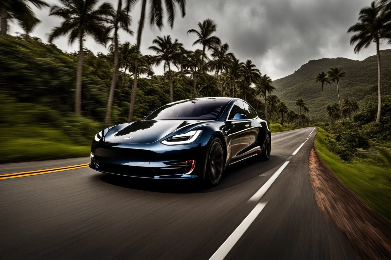 A Tesla's 'Model S Plaid' is racing at top speed, across the 'Jurassic Park' jungle. CINEMATIC. WIDE ANGLE LENS. PHOTO REAL.