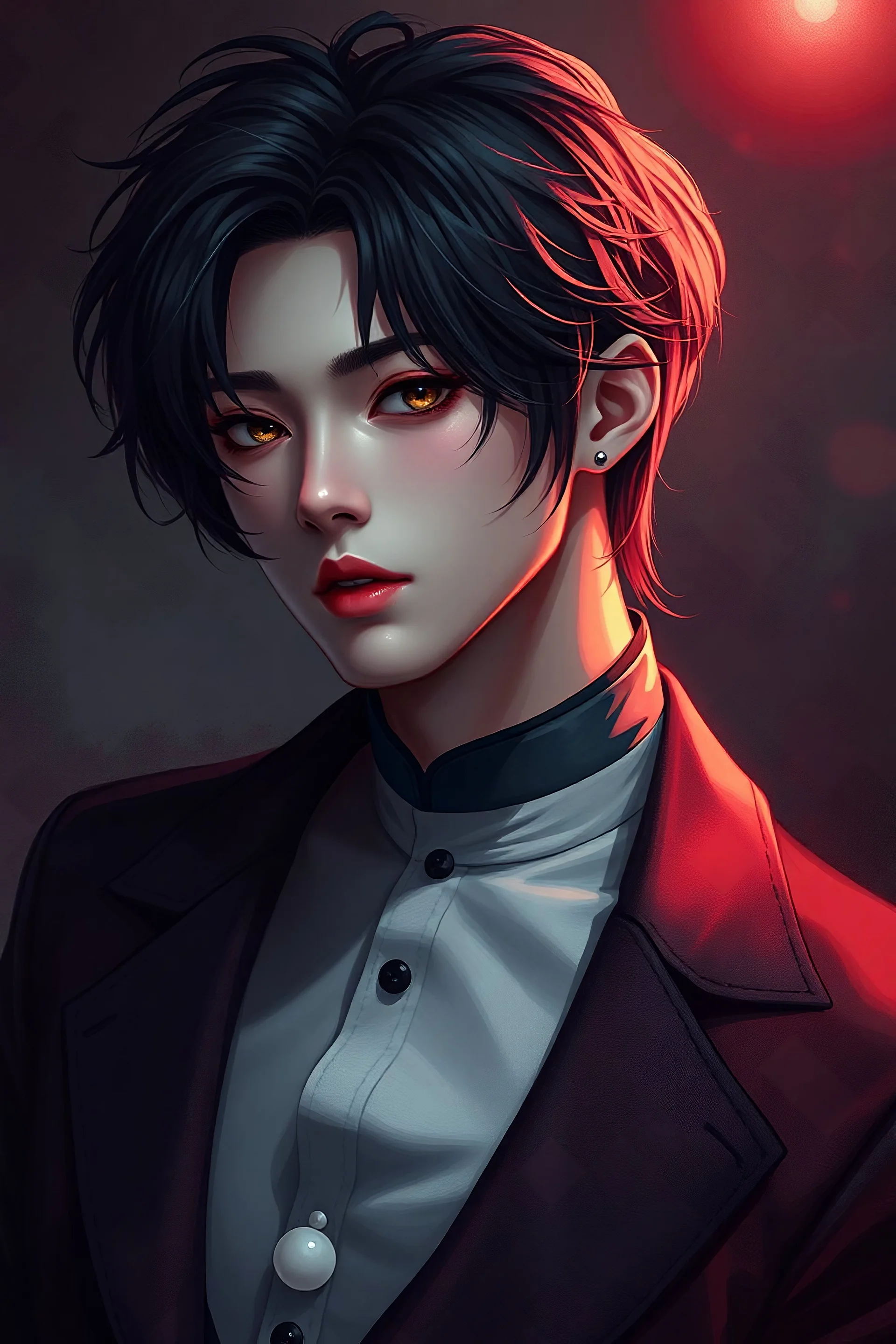 crie uma foto realista, i just need a extremely beautiful male kpop idol, for vampire masquerade rpg