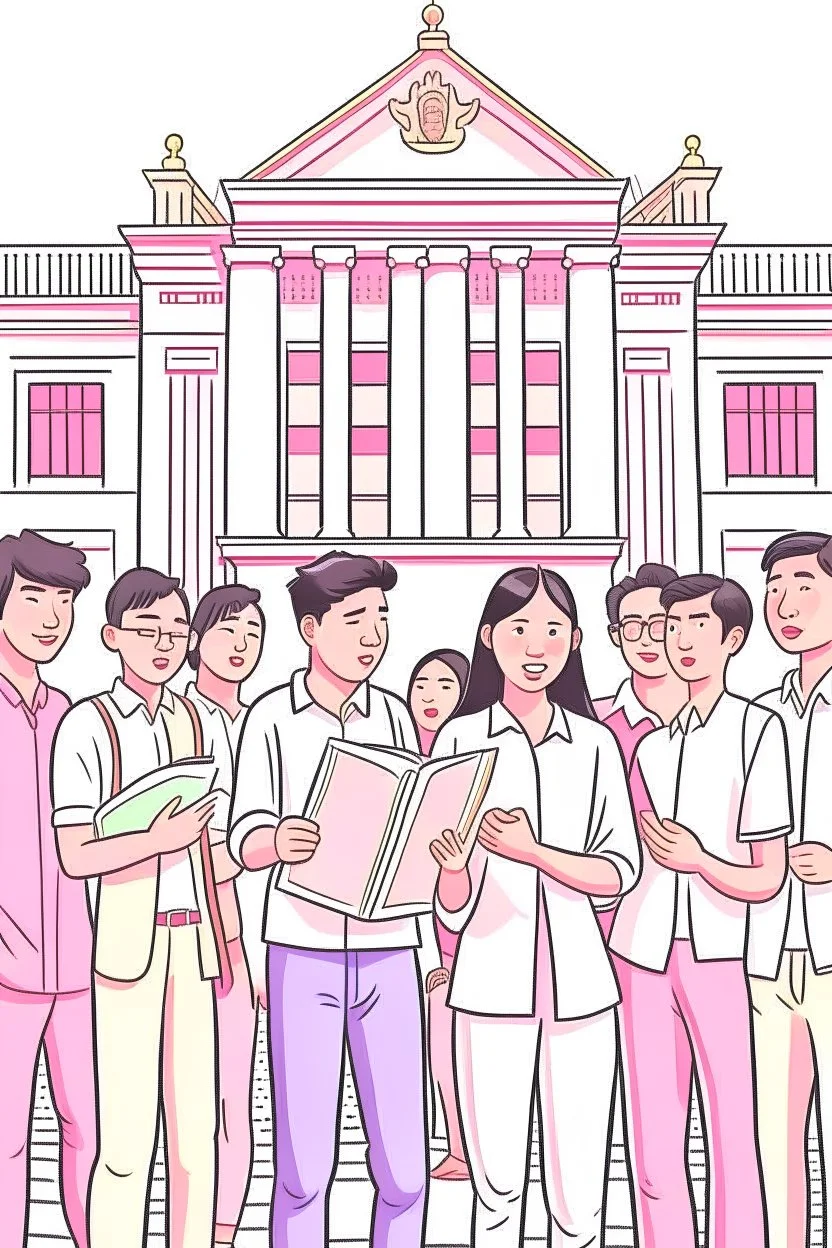 Ilustrasi beberapa sekelompok pemuda memegang salinan konstitusi Indonesia, dan berada di depan gedung konstitusi (ilustrasi warna pastel)