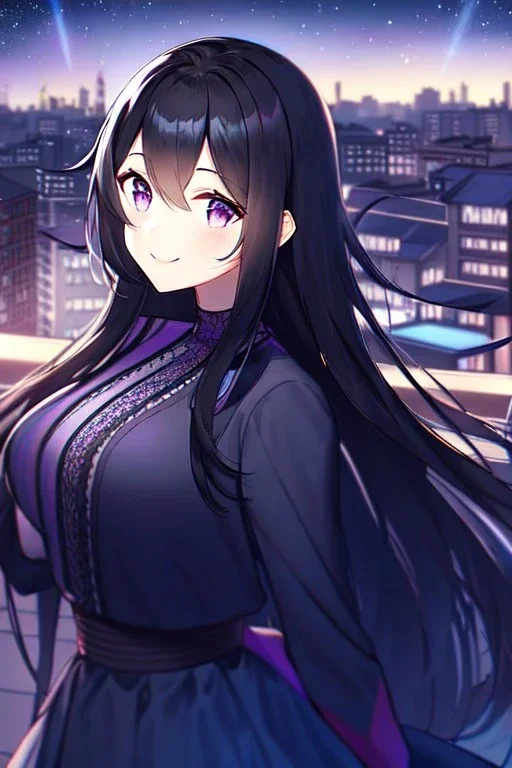 girl, masterpiece, best quality, cinematic lighting, detailed outfit, vibrant colors, perfect eyes long hair, black hair, purple eyes, night sky, starry sky, shooting star, rooftop, town, smile,