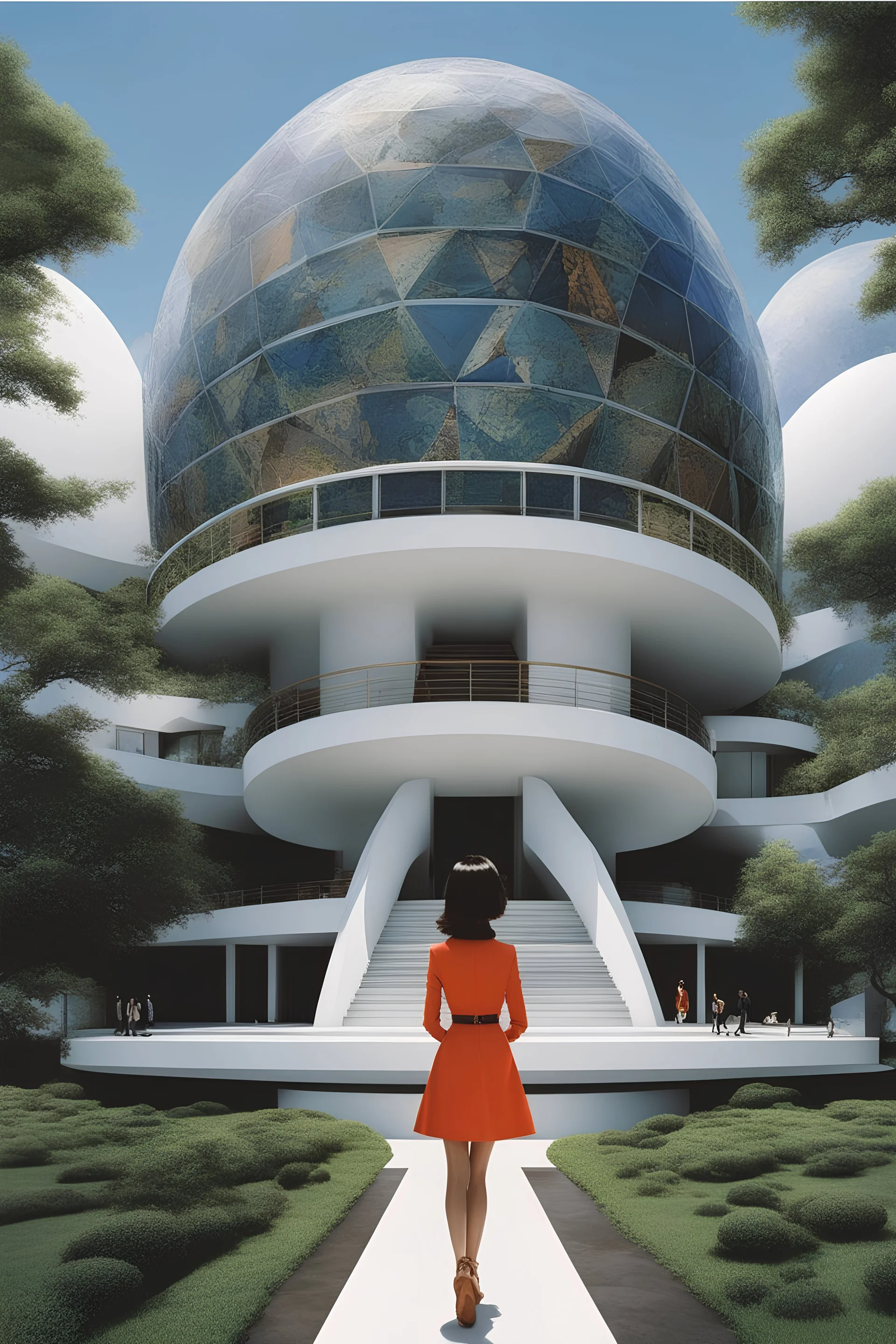 Bernard Tschumi, Katsuhiro Otomo, Surreal, mysterious, strange, fantastical, fantasy, Sci-fi, Japanese anime, architecture, mathematics, philosophy, urban development/design, natural history, physics, numerology, art/literature, industry, technology Dymaxion Dome, miniskirt beautiful girl, perfect voluminous body, detailed masterpiece full colours