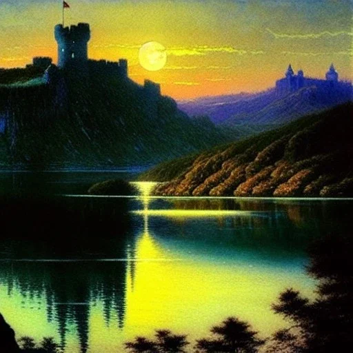 Drawing of 'Medieval German Castle',mountain,lake,full moon, by gaston bussiere, greg rutkowski, yoji shinkawa, yoshitaka amano, tsutomu nihei, donato giancola, tim hildebrandt,oil on canvas, cinematic composition, extreme detail,fit full head inside picture,16k