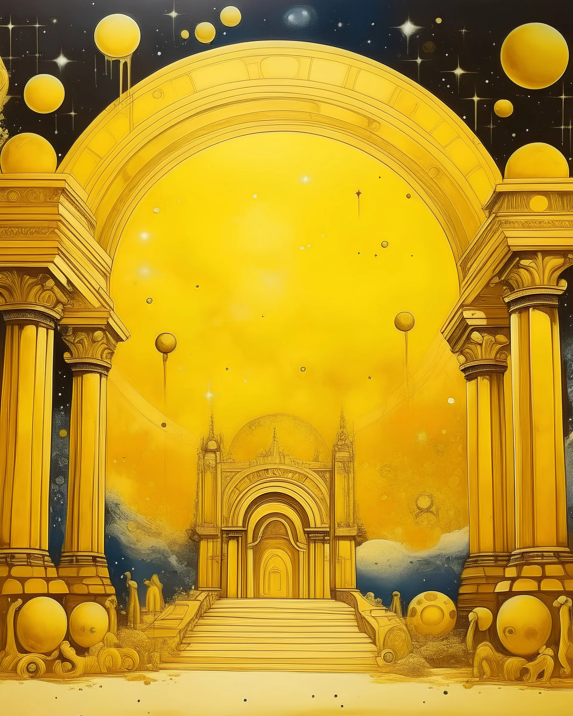 A yellow galaxy with planets and stars designed in ancient Egyptian architectures and sculptures painted by Zosan