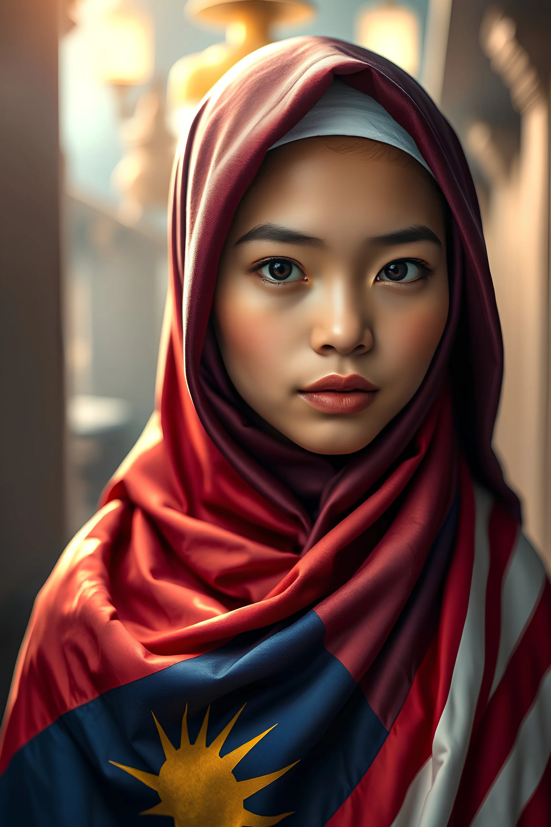 Tilt shift 3d holographic editorial photo, beautiful malaysian muslim girl wearing hijab, dress in merdeka malaysian flag, independent day, full frame, quartz eyes, refraction, diffraction. Gouache, dry brush, chiaroscuro, dramatic lighting, intricate details, scifi fairytale, surrealism, by ilya repin, by mike mignola, highly detailed oil painting, brush strokes, complex composition, Art by J. C. Leyendecker, John Williams Waterhouse, Tom Bagshaw, Maxfield Parrish, Ellen Segn