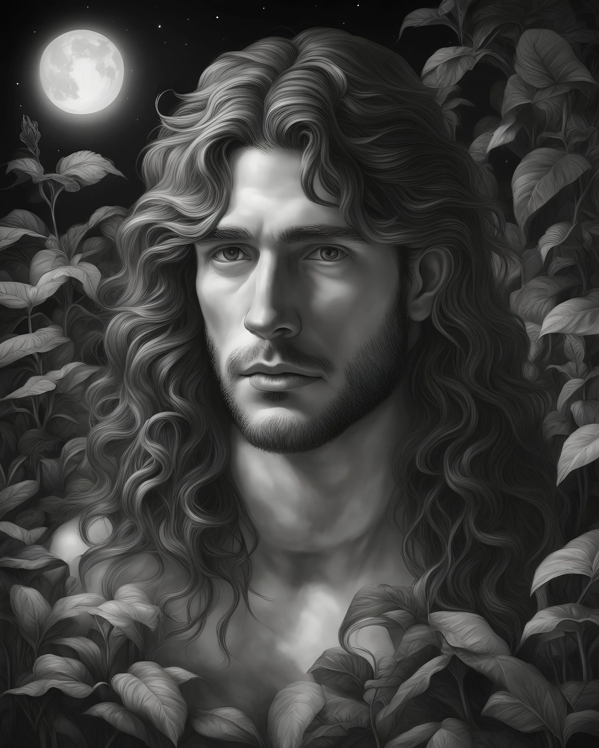 Adam in the garden of Eden, with long wavy hair, at night ,Chiaroscuro, hyper realism, realistic, highly detailed, high contrast black and white, sharp