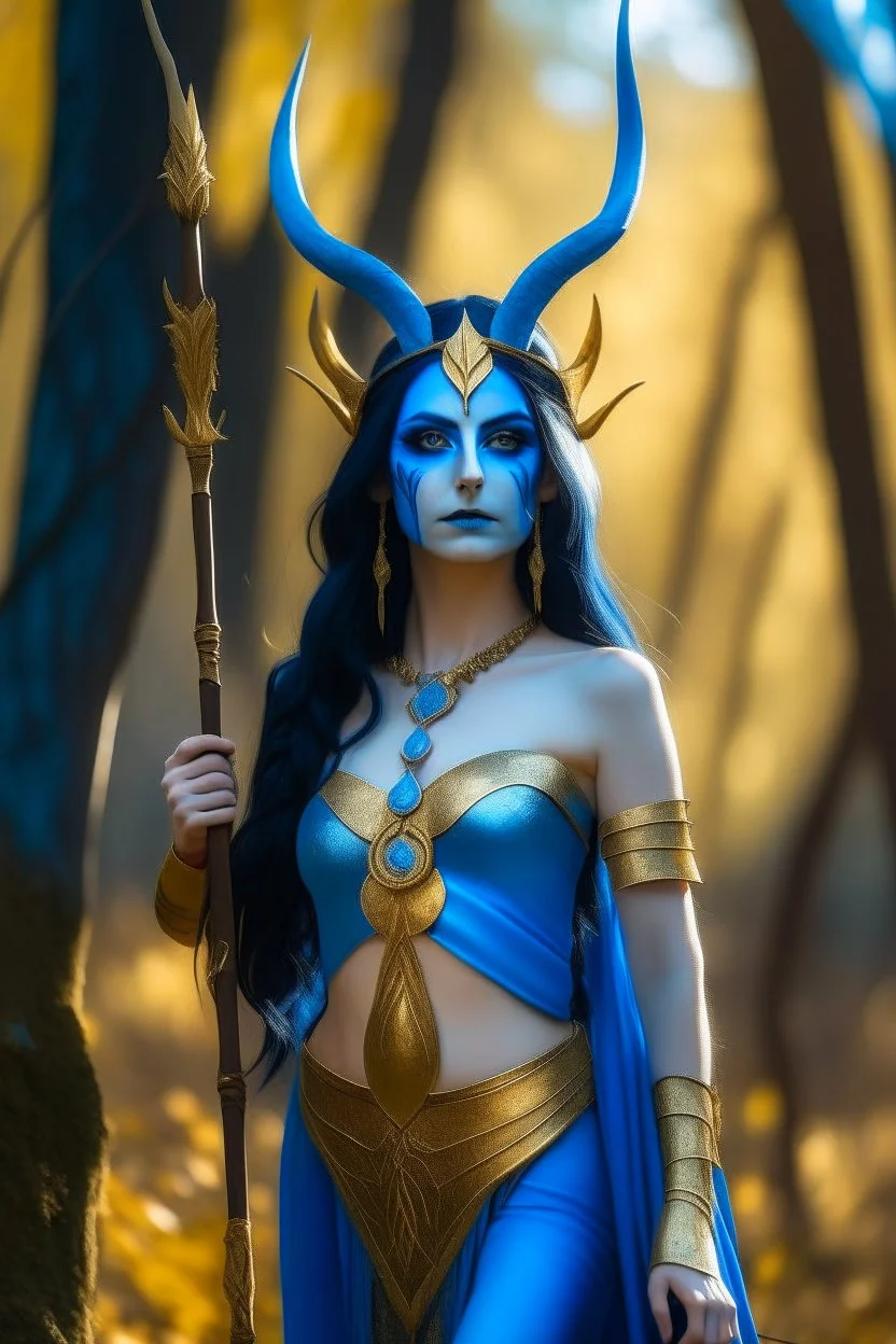 A picture of a beautiful blue faced Indian goddess with skin painted blue, blue body, blue torso, wild black hair, stag antlers, elven ears, golden skirt, holding a staff in a sunny forrest