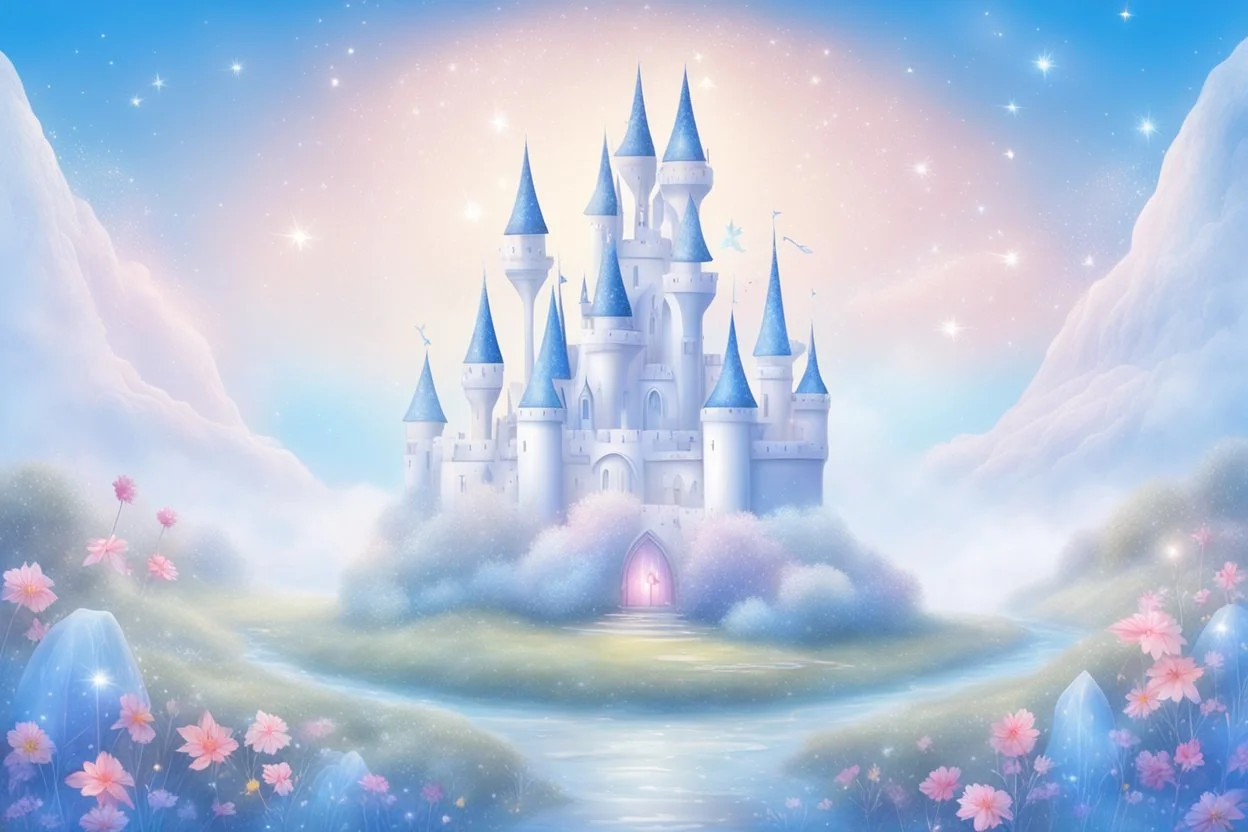 fairy and cosmic landscape with blue grass, magic plants, sky with light and stars. fairy white castle with diamond