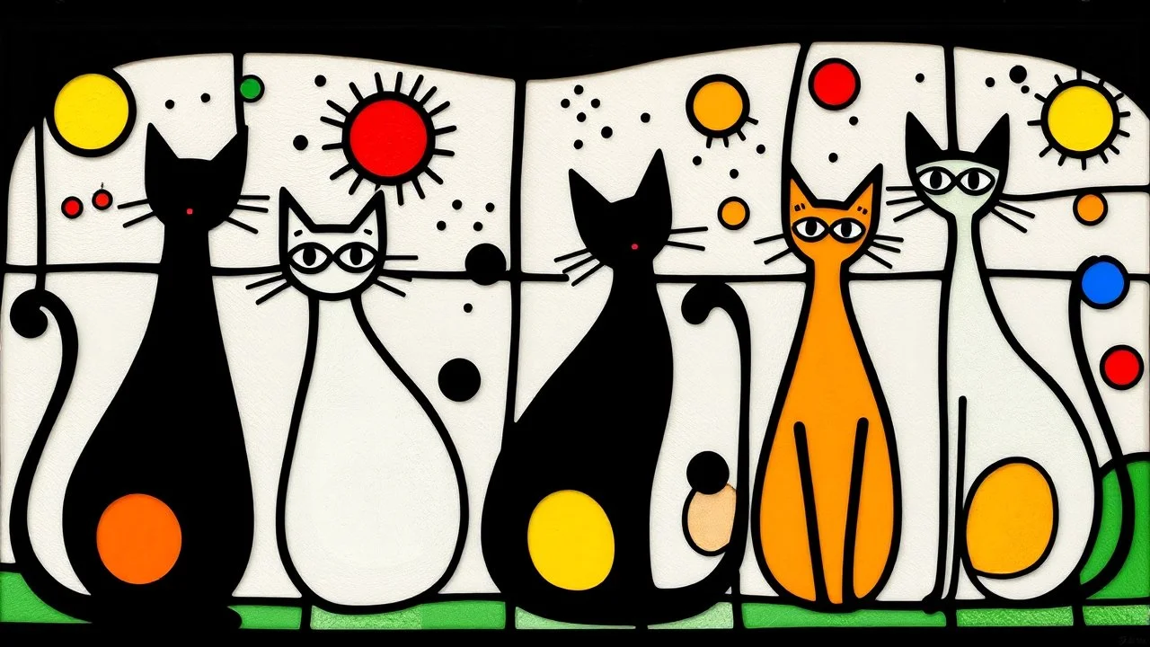 a playful abstract stained glass window in the style of Joan Miró, featuring six minimalist cats made of bold black lines and simplified organic shapes. The composition includes floating eyes, moons, dots, and stars in primary colors — red, yellow, blue — mixed with bright green and black. Each cat is reduced to essential forms: circles, curves, sharp ears, long tails, integrated into a colorful, free-flowing pattern. The stained glass has a modern, light-hearted energy, filled with whimsical sy