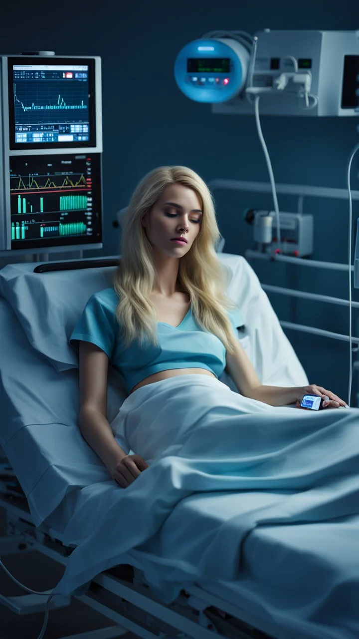 photorealistic hyperdetailed young woman with blonde hair lying asleep on a hospital bed with a heart monitor and tubes attached