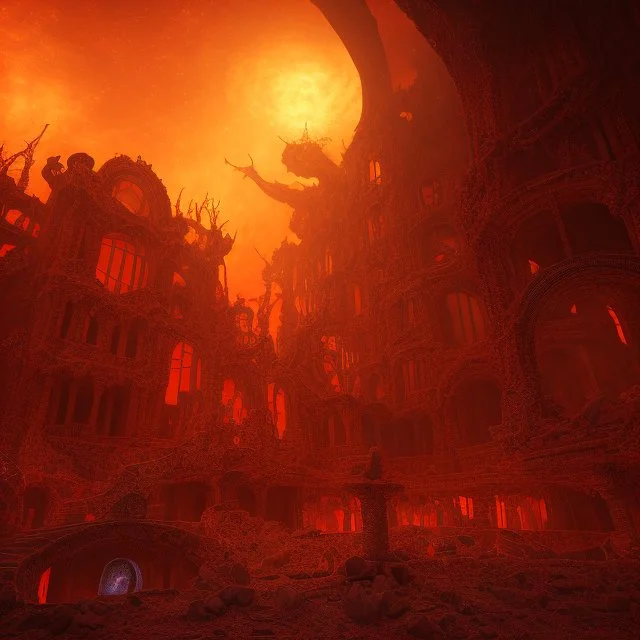 dynamic lighting, Intricately detailed, deep color, Unreal Engine, volumetric lighting, Hell landscape, Hell concept art, Hell fantasy artwork, nightsky, orange, red, nebulae, fields, abandoned buildings, ruins,