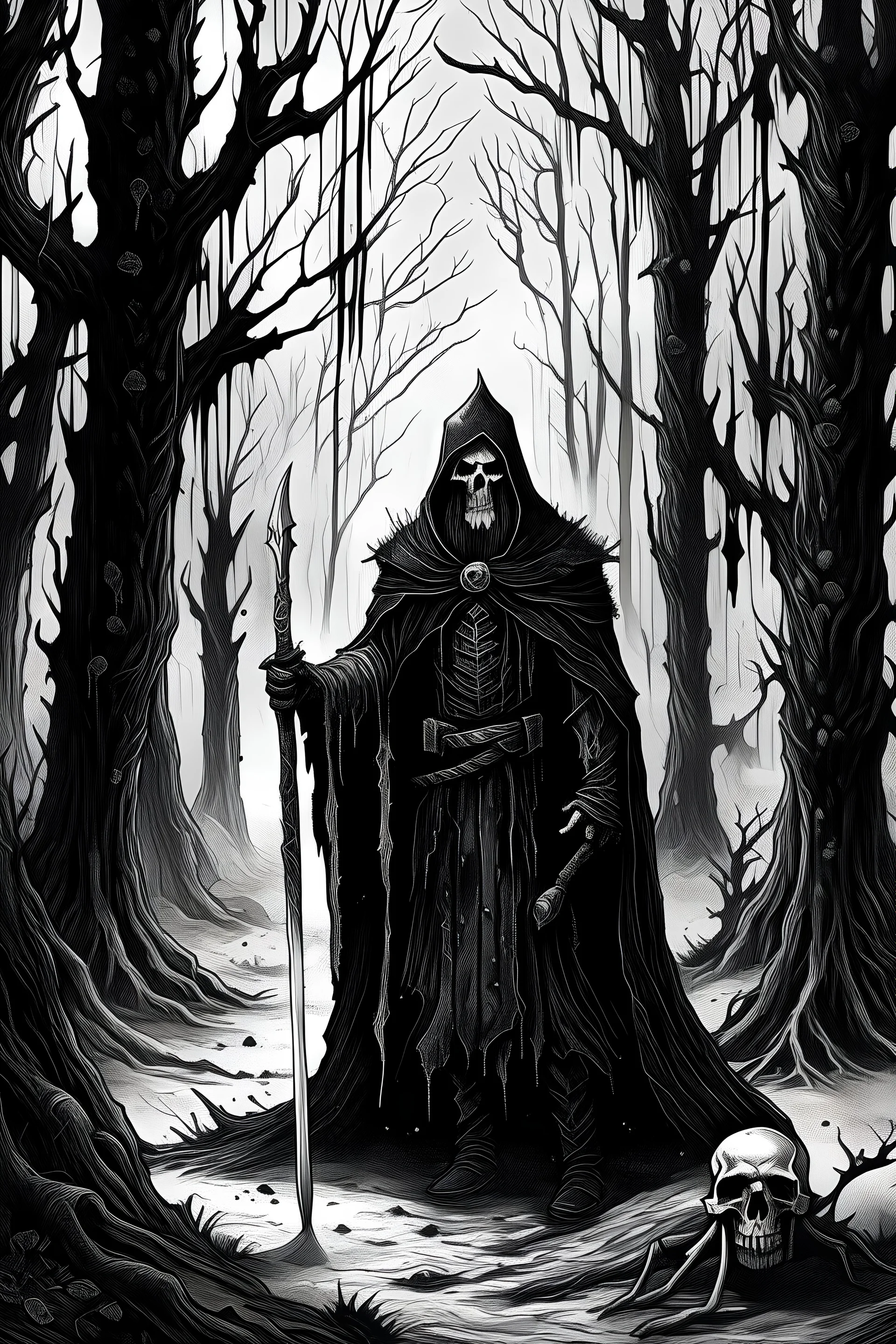 Dark fantasy gothic old ink art a 20 years old dark satanic wizard with sword and corpse paint, black clothes in a cold forest