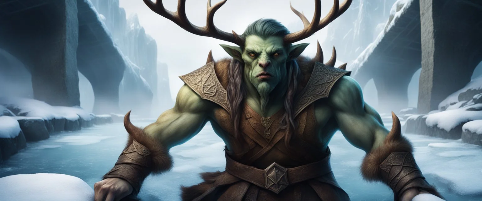 close up portrait of psionic ancient half elf half orc elk in threatening pose on ice stone bridge, book cover