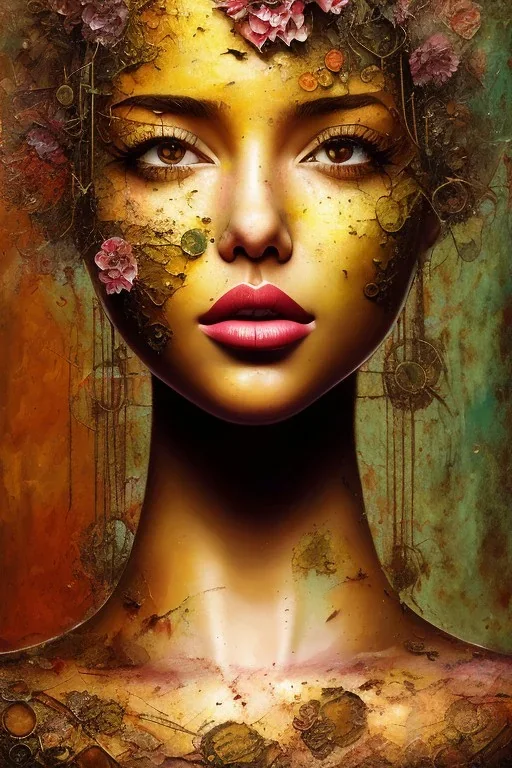 an abstract painting of rusted metal and flowers,beautiful girl portrait, rust, scaffolding, iron cladding, decay, mixed media, textured, anatomically correct, beautiful perfect face, sharp focus, highly detailed