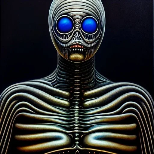 Ultra detailed fullbody Portrait in oil on canvas of The Alien hr giger ,extremely detailed digital painting, extremely detailed face,crystal clear Big Glowing eyes, mystical colors ,perfectly centered image, perfect composition, rim light, beautiful lighting, 8k, stunning scene, raytracing, anatomically correct, in the style of robert e howard and Ken Kelley and Ohrai Noriyoshi and Simon Bisley and tomzj1