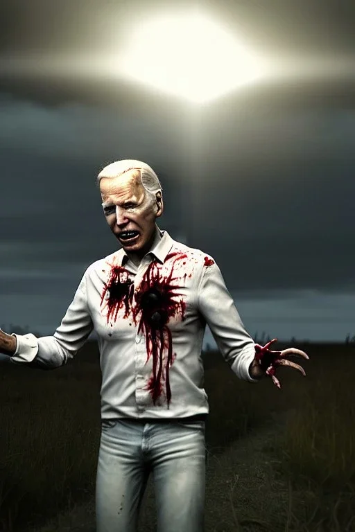 realistic image, joe biden zombie, zombie posing, arm cut and bleeding, amputated leg, night, walking with a limp, waist up view, dark ambient, highly detailed, sky background, concept art, unreal engine 5, god rays, ray tracing, RTX, lumen lighting, ultra detail, volumetric lighting, 3d, finely drawn, high definition, high resolution.