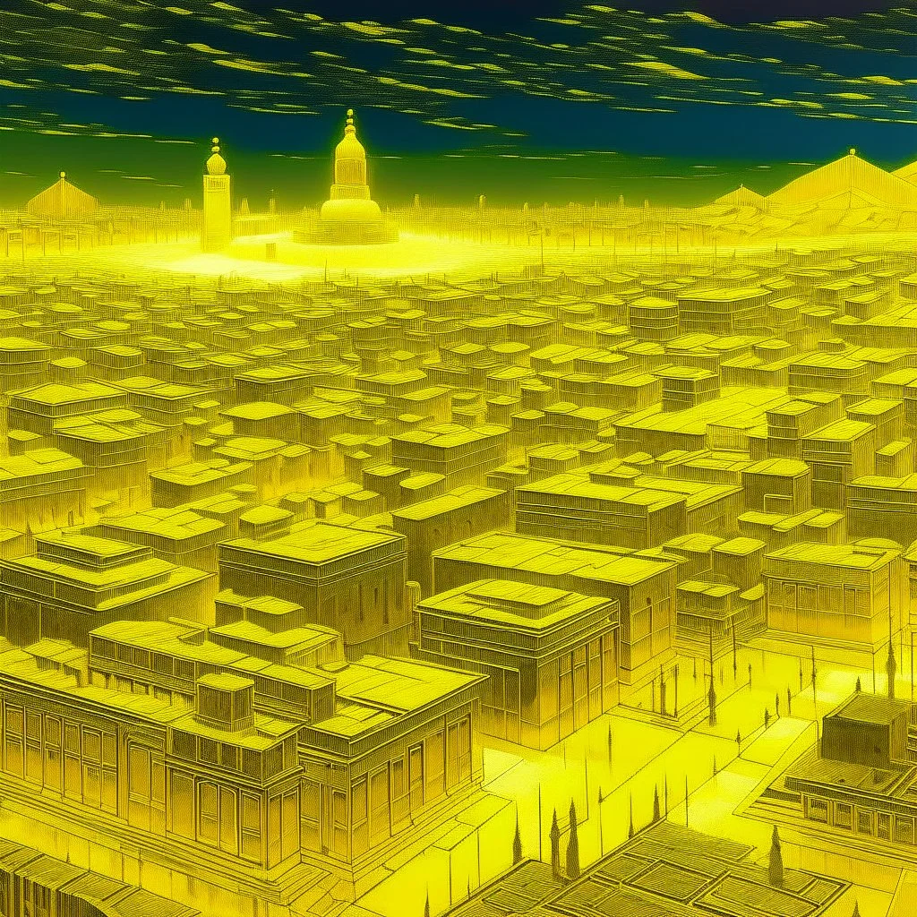 A light yellow shining city at night designed in ancient Egyptian hieroglyphics painted by Zosan