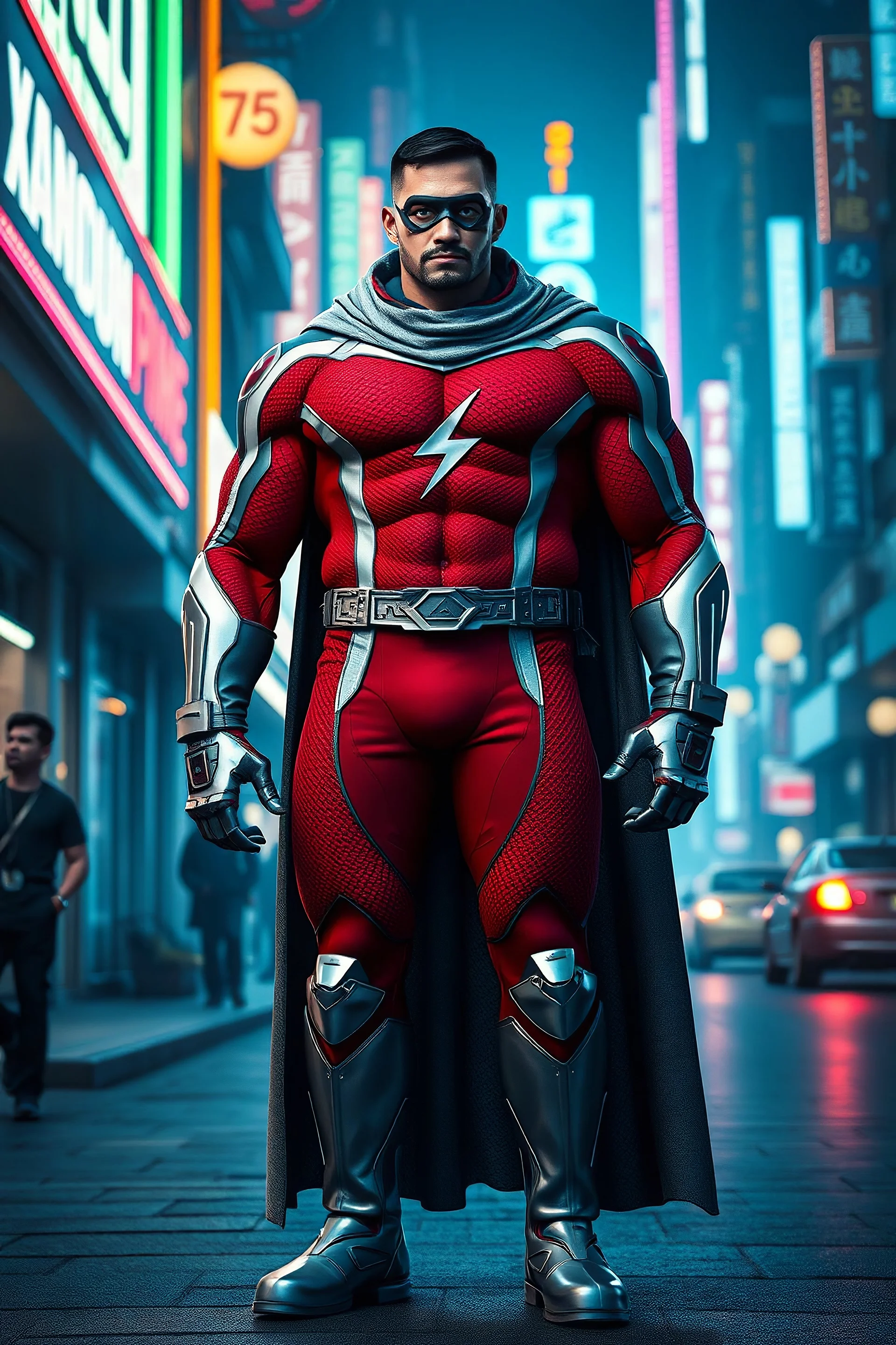 A giant, muscular man with extra-short, crew cut, black hair, blue eyes, short, trimmed goatee, standing stoically on the street in the neon lit, futuristic City of Xanadu prime, wearing a long-sleeved, highly textured, red-white-and blue body suit with gray piping that forms to his muscular frame, with a detached cowl, he has a silver lightning belt, silver wrist gauntlets, silver, knee-high boots, gray cape, the symbol of Xanadu Prime on his chest, and a thin black leather bandit eye mask