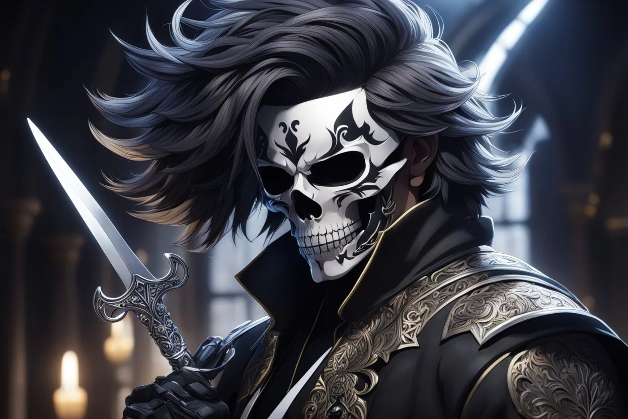 skull, man hair , scissors, mask, cover face in 8k solo leveling shadow artist dynamic pose, oshare kei, hurufiyya, rtx, intricate details, highly detailed, high details, detailed portrait, masterpiece,ultra detailed, ultra quality