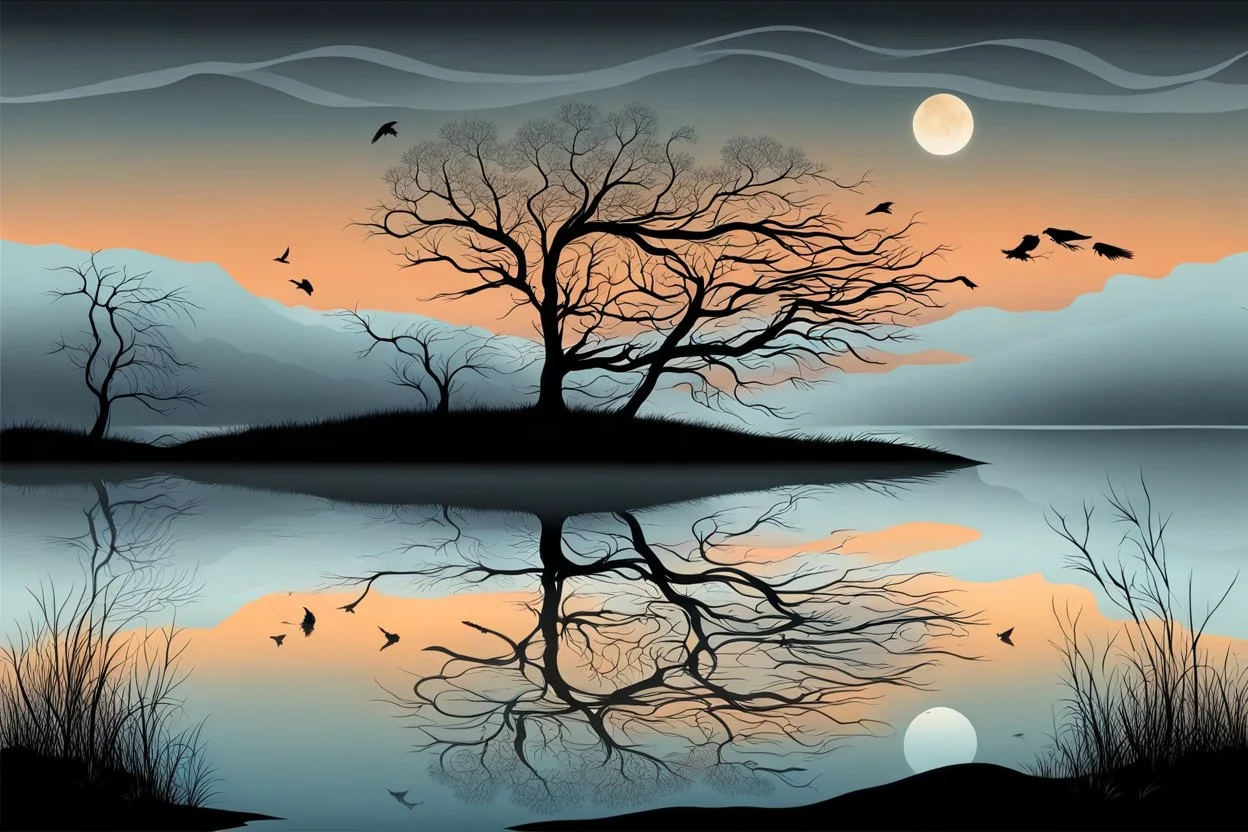 Illustration of a lonely dark tree with barren branches stands on a water's edge, reflected in the water, fog, crows on the sky, mystical landscape, sinister mood, line art