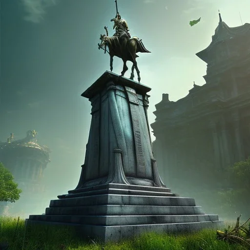 Monument, abandoned city centre, statue of human on top, look from distance, buildings visible whole statue, overgrown statue and monument, realistic, highly detailed