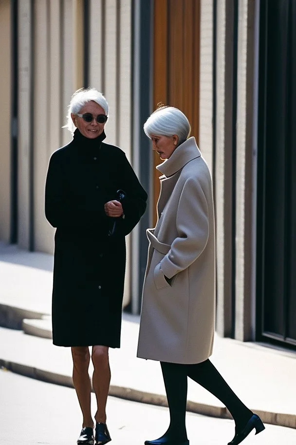 dos mujeres de 45 años caminando por una céntrica calle de una ciudad española, visten ropa de segunda mano, abrigo y jersey de cuello alto, es la moda y es tendencia, fotografía real, de cara a la cámara