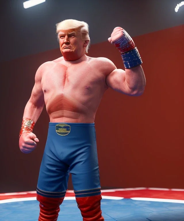 Donald trump wrestling fighter, naked torso, color breeches, suspenders, retro style, 80s, hot ambient, photo studio, red, gold, vibrant color, gradient, highly detailed, art stations, concept art, smooth, unreal engine 5, god rays, ray tracing, RTX, lumen lighting, ultra detail, volumetric lighting, 3d, finely drawn, high definition, high resolution.