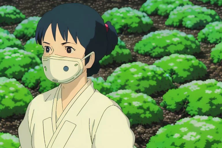 A young woman, Yui, is seen inside one of the biodomes tending to a variety of plant life. Her eyes reflect determination and spirit. She wears a respirator around her neck,