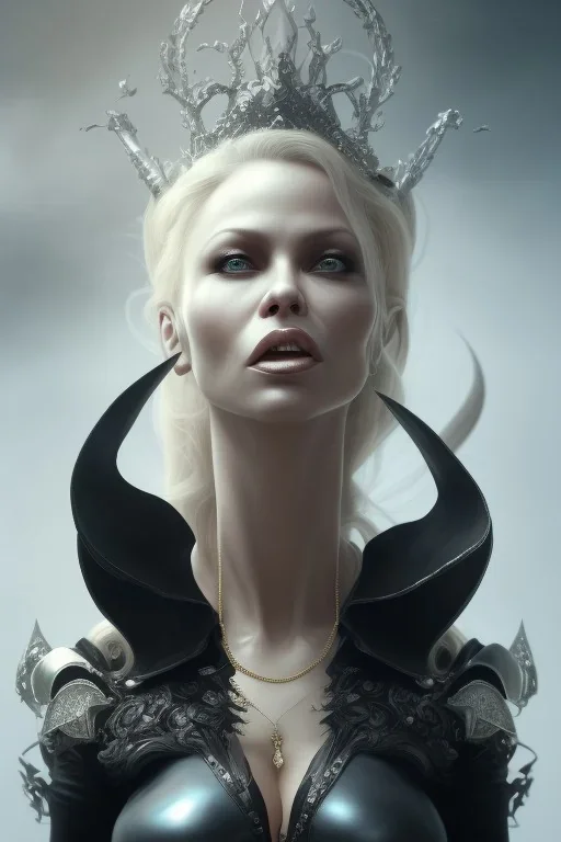 Pamela Anderson as evil queen in black leather, leather, busty, cleavage, angry, stern look. character design by cory loftis, fenghua zhong, ryohei hase, ismail inceoglu and ruan jia. unreal engine 5, artistic lighting, highly detailed, photorealistic, fantasy