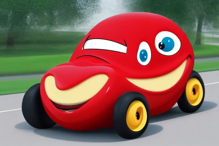 whimsical cartoon car with big eyes and its front grill forming a friendly smile, with a mouse character riding on it.